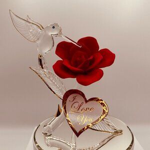 Hummingbird on Red Rose Glass Figurine I Love You Mirror Base Romantic Decor Gif